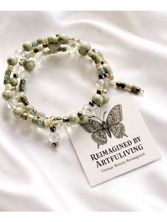 Reimagined Jewelry - REIMAGINED Memory Wrap Bracelet Green Stone Glass Beads Adjustable Boho Nature